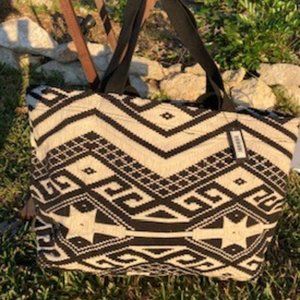 Vintage Addiction oversized Tote, Black/Cream fabric panels, Removable keychain